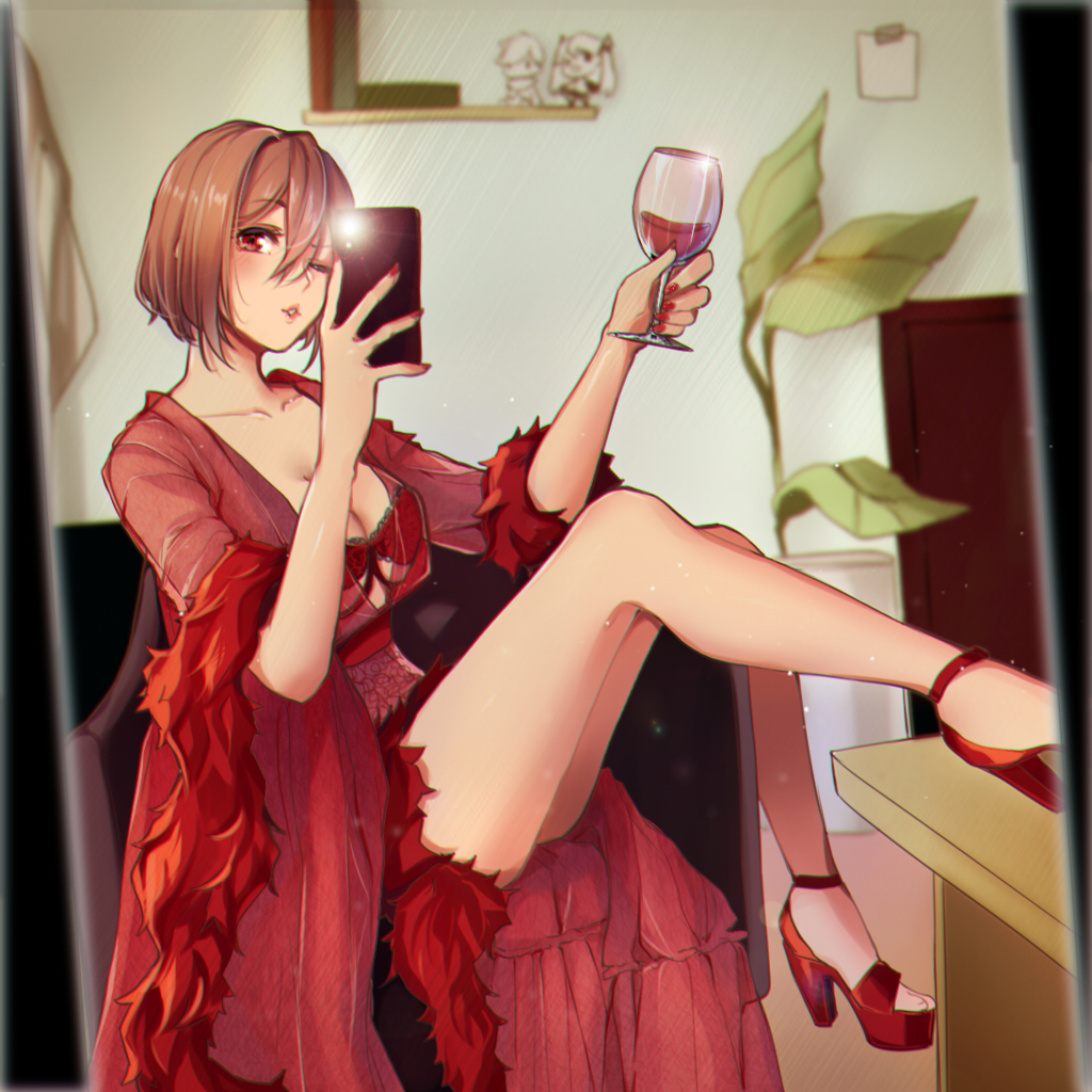 1girl, alcohol, book, brown_eyes, brown_hair, cellphone, commentary, couch