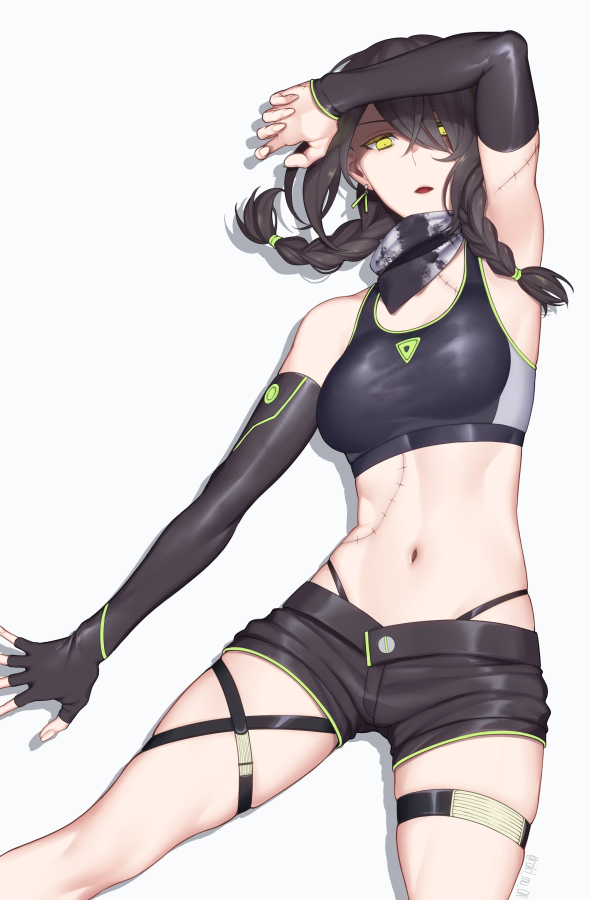 1girl, arm_up, arm_warmers, armpits, bandana, black_gloves, black_hair, braid