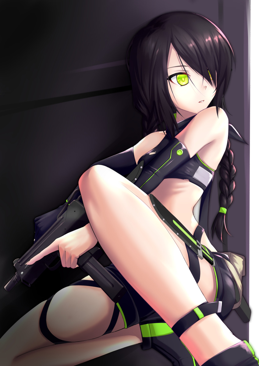 1girl, absurdres, arm_sheath, arm_warmers, black_gloves, black_hair, braid, commentary