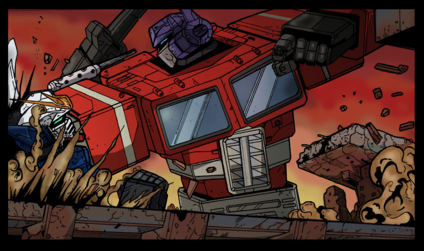 1990s_(style), battle, collateral_damage, crossover, epic, face_punch, gundam, gundam_wing