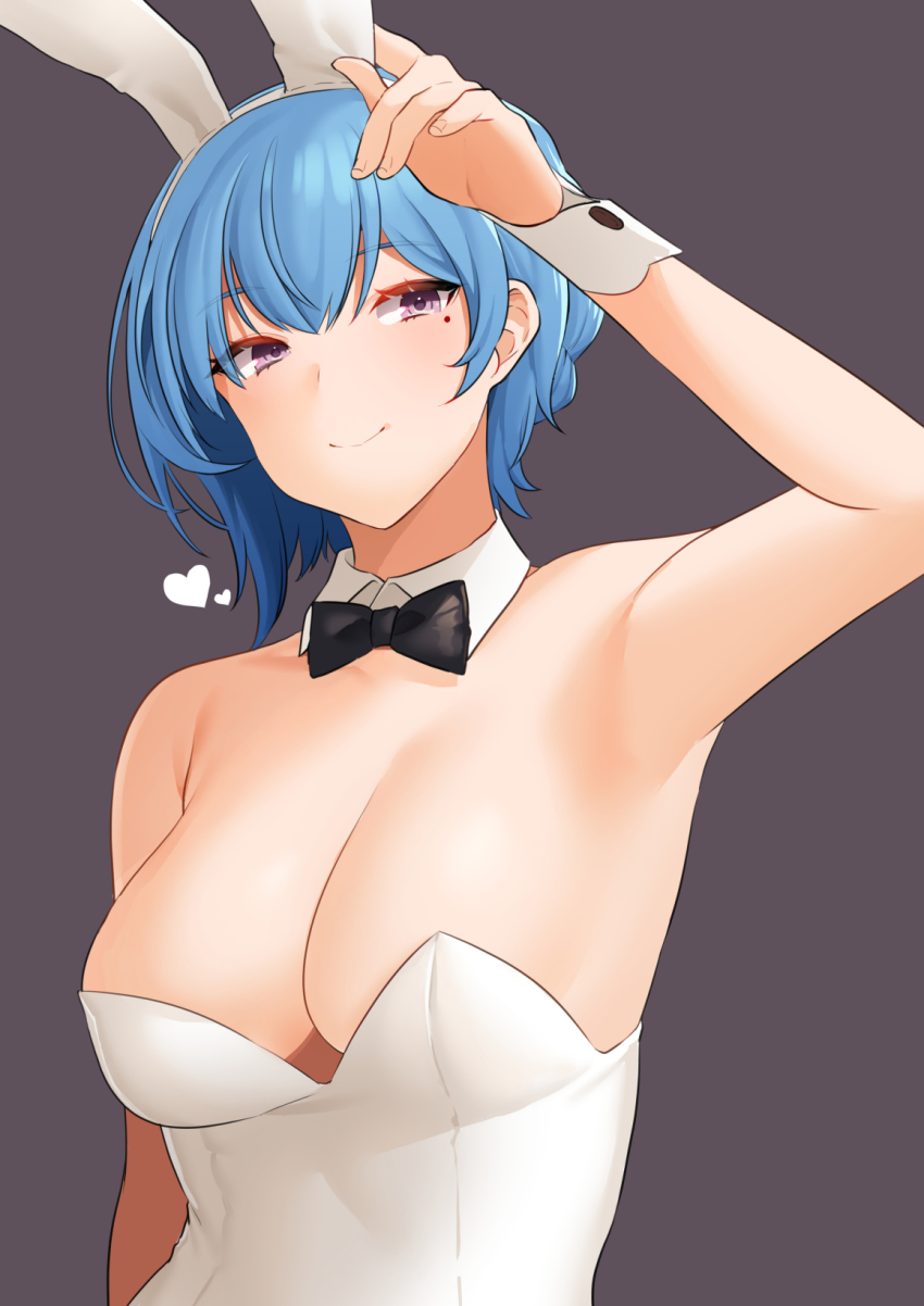 1girl, akagi_kurage, animal_ears, arm_at_side, arm_up, armpits, bad_proportions, blue_hair, bow, bowtie, breasts, cleavage, detached_collar, eleonora_(sennen_sensou_aigis), fake_animal_ears, female_focus, grey_background, hand_up, highres, leotard, looking_at_viewer, medium_breasts, mole, mole_under_eye, playboy_bunny, purple_eyes, rabbit_ears, sennen_sensou_aigis, short_hair, simple_background, smile, solo, upper_body, white_leotard, wrist_cuffs