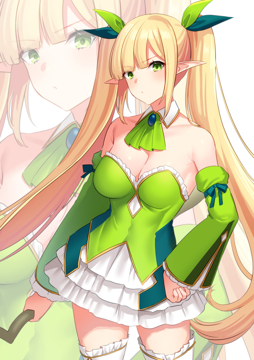 1girl, akagi_kurage, bare_shoulders, blonde_hair, bow_(weapon), breasts, cleavage, detached_collar