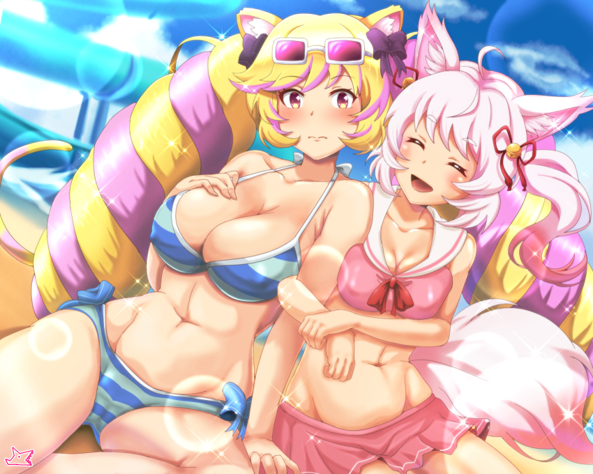 2girls, 3:, :d, ^_^, ahoge, animal_ear_fluff, animal_ears, arm_hug