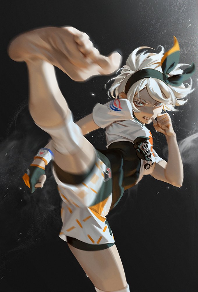 1girl, abs, barefoot, bea_(pokemon), black_bodysuit, black_hairband, bodysuit, bodysuit_under_clothes