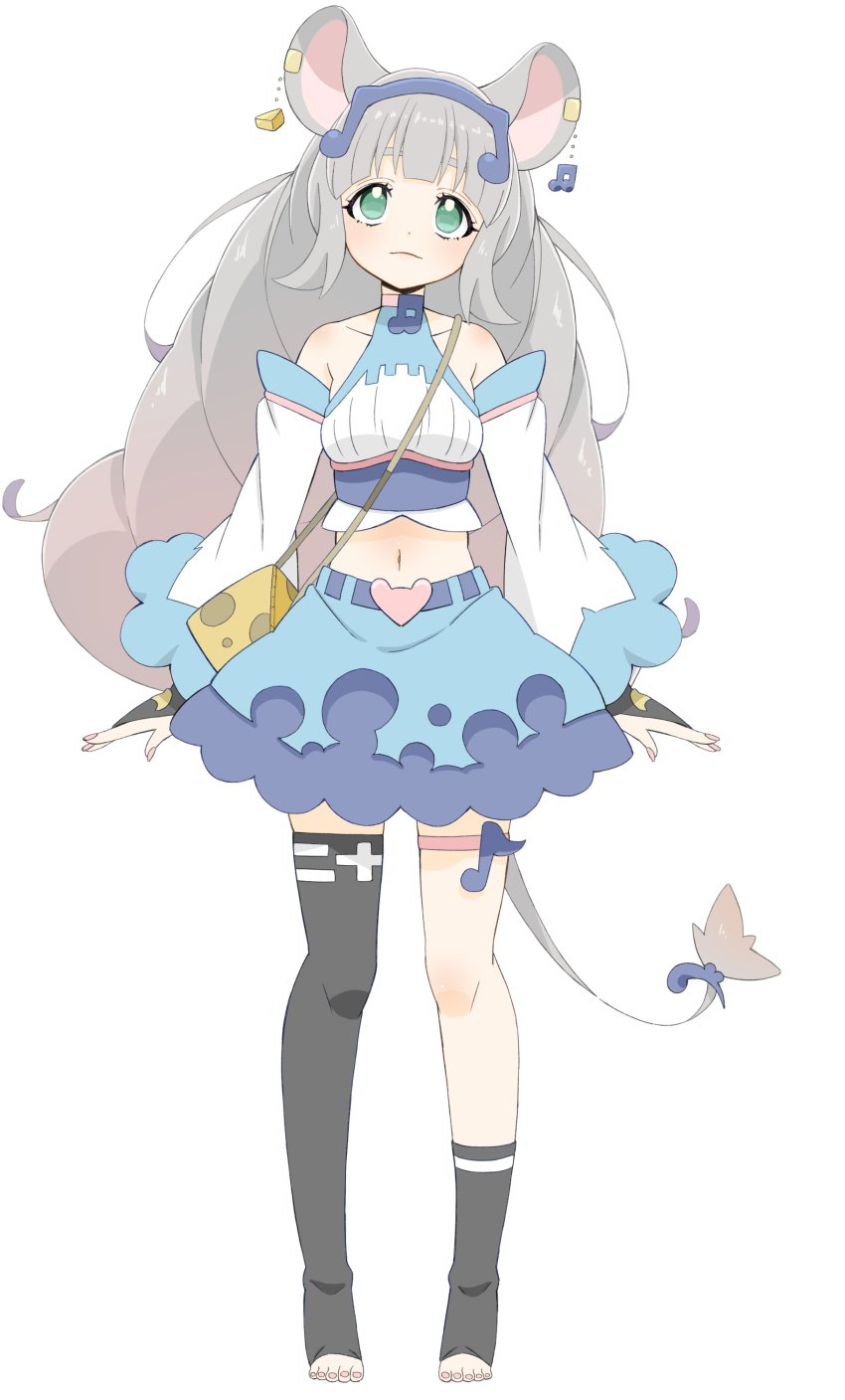 1girl, absurdres, animal_ears, arms_at_sides, asymmetrical_legwear, bare_shoulders, big_hair, black_thighhighs