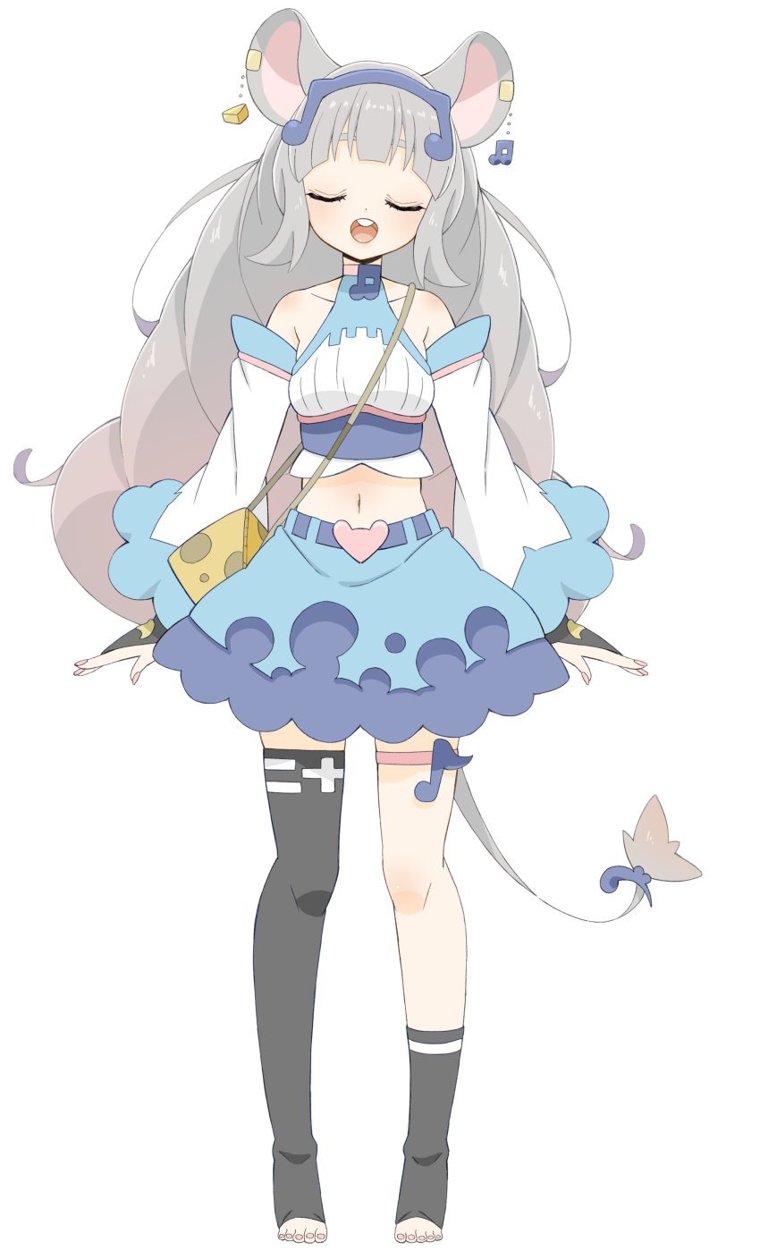 1girl, :d, absurdres, animal_ears, arms_at_sides, asymmetrical_legwear, bare_shoulders, big_hair