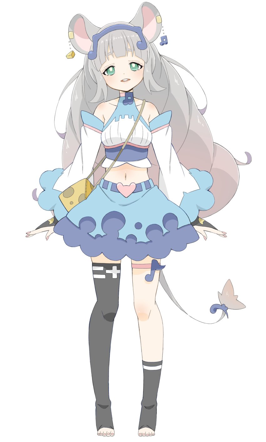 1girl, absurdres, animal_ears, arms_at_sides, asymmetrical_legwear, bare_shoulders, big_hair, black_thighhighs
