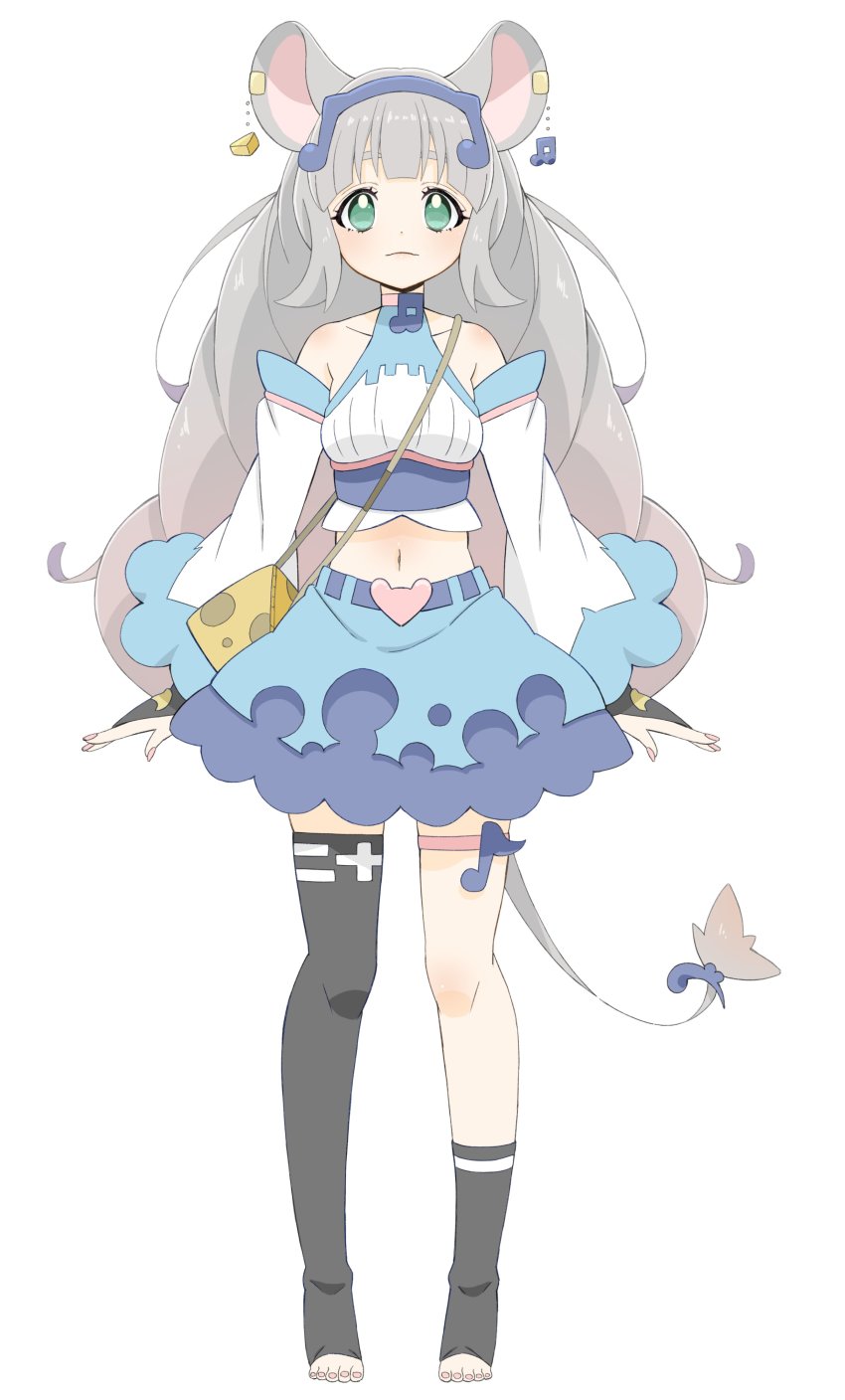 1girl, absurdres, animal_ears, arms_at_sides, asymmetrical_legwear, bare_shoulders, big_hair, black_thighhighs