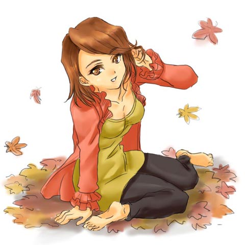 00s, barefoot, brown_eyes, brown_hair, casual, fujieda_kaede, hutoshi_akira, leaf