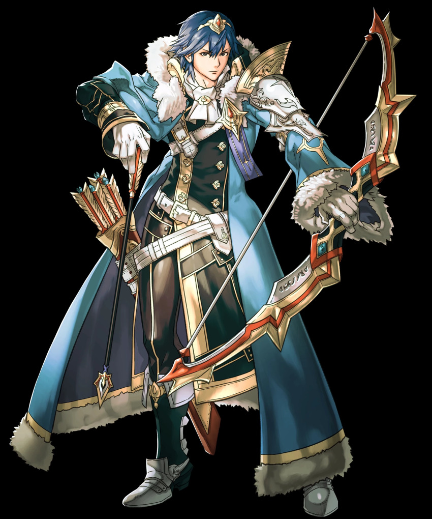 1boy, arrow_(projectile), belt, blue_eyes, blue_hair, boots, bow_(weapon), chrom_(crowned_exalt)_(fire_emblem)