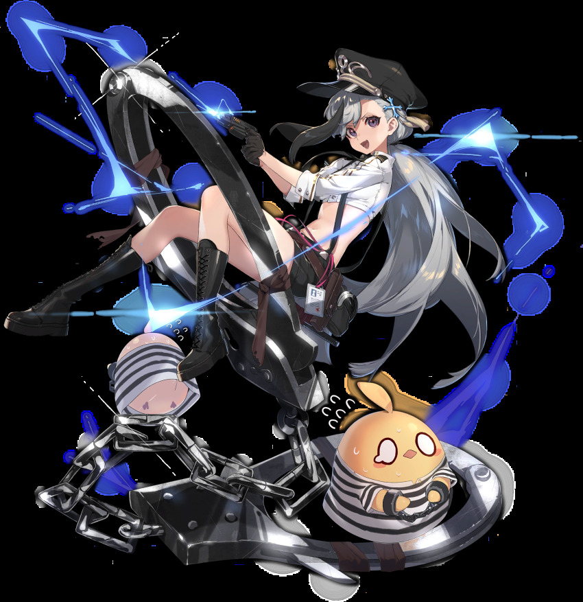 1girl, :d, azur_lane, baby_animal, belt, bird, black_boots, black_gloves