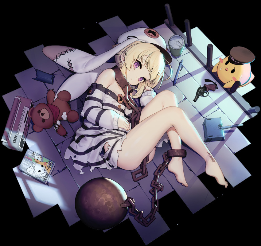 1girl, animal_ears, ass, azur_lane, baby_animal, ball_and_chain_restraint, bare_shoulders, barefoot, bird, blonde_hair, can, chain, chain_leash, chick, drink_can, fake_animal_ears, female_focus, full_body, grozny_(azur_lane), grozny_(bad_bunny_behind_bars)_(azur_lane), gun, handgun, hat, highres, kinjo_kuromomo, leash, looking_at_viewer, lying, manjuu_(azur_lane), official_alternate_costume, official_art, on_floor, on_side, peaked_cap, pen, plantar_flexion, prison, prison_clothes, purple_eyes, shirt, short_hair, soda_can, solo, striped_clothes, striped_shirt, stuffed_animal, stuffed_toy, teddy_bear, thighs, torn_clothes, torn_shirt, transparent_background, weapon, white_hat