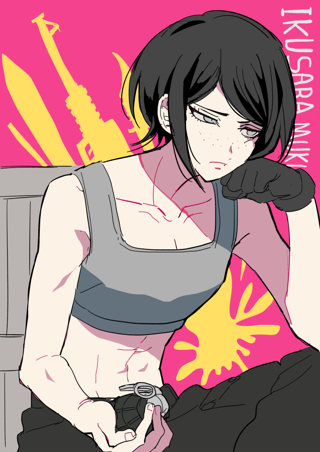 1girl, abs, bare_shoulders, black_hair, black_pants, blue_eyes, bored, breasts, cleavage, d4ng4nn6bu12, dagger, danganronpa_(series), explosive, female_focus, freckles, gloves, grenade, gun, hand_on_own_cheek, hand_on_own_face, hand_tattoo, ikusaba_mukuro, knife, multiple_weapons, pants, short_hair, single_glove, sitting, small_breasts, solo, tank_top, tattoo, weapon