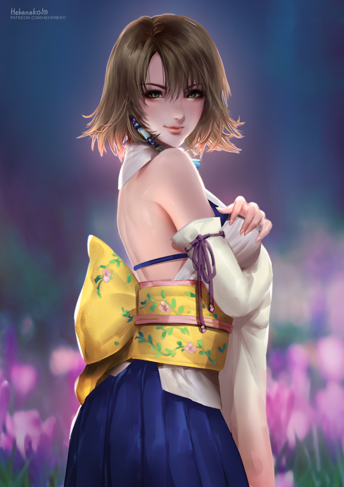 1girl, beads, blue_eyes, blue_skirt, blurry, blurry_background, blush, bra_strap, breasts, brown_hair, detached_sleeves, female_focus, final_fantasy, final_fantasy_x, floral_print, flower, green_eyes, hair_beads, hair_ornament, hand_on_breast, heheneko, heterochromia, japanese_clothes, kimono, lavender_flower, long_skirt, looking_at_viewer, medium_breasts, medium_hair, sash, signature, skirt, smile, solo, wide_sleeves, yellow_sash, yuna