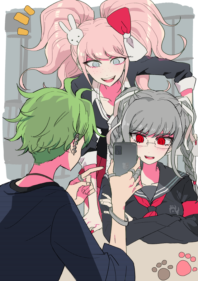 1boy, 2girls, ahoge, amami_rantaro, animal_hair_ornament, barbell_piercing, blonde_hair, blue_eyes