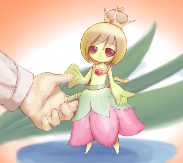 artist_request, blush, colored_skin, crown, flower_girl, green_skin, handshake, jewelry, mini_person, minigirl, monster_girl, purple_eyes, ring, size_difference, smile, weapon