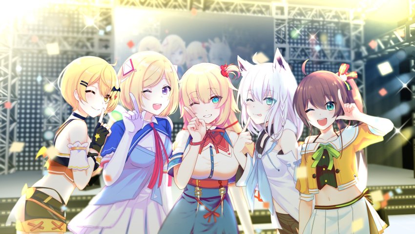 5girls, ahoge, akai_haato, akai_haato_(1st_costume), aki_rosenthal, aki_rosenthal_(1st_costume), animal_ears, aqua_eyes