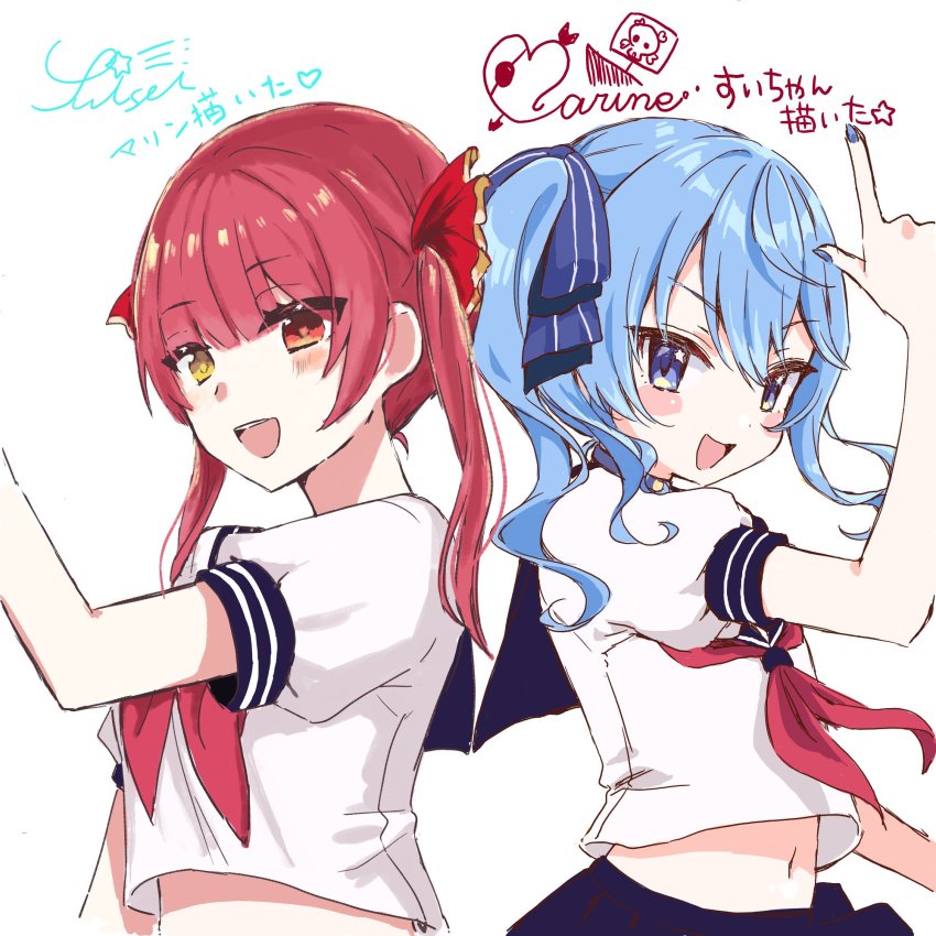 2girls, ahoge, alternate_costume, artist_collaboration, artist_name, back-to-back, blue_eyes, blue_nails