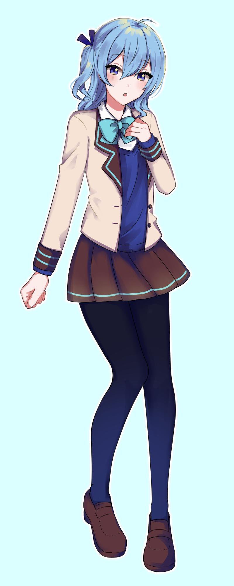 1girl, ahoge, alternate_costume, aqua_bow, aqua_bowtie, aqua_hair, blue_background, blue_eyes