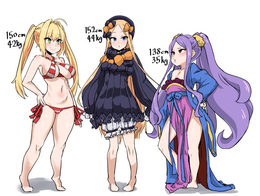 3girls, abigail_williams_(fate), abigail_williams_(first_ascension)_(fate), ahoge, asanagi_(style), barefoot, bikini, blonde_hair