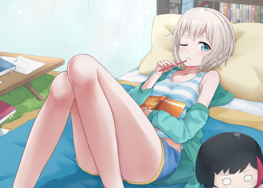 1girl, ;|, aoba_moca, bang_dream!, bang_dream!_girls_band_party!, bare_shoulders, barefoot, bed, bedroom, black_hair, blue_eyes, blue_shorts, blue_tank_top, blush, bob_cut, book, bookshelf, breasts, carpet, character_doll, closed_mouth, coldcat., collarbone, commentary_request, curtains, doll, female_focus, green_jacket, grey_hair, hair_between_eyes, highres, holding, holding_book, holding_pen, hood, hood_down, hooded_jacket, hugging_book, hugging_object, indoors, jacket, knees_up, looking_at_viewer, lying, midriff_peek, mitake_ran, mixed-language_commentary, multicolored_hair, nesoberi, off-shoulder_jacket, off_shoulder, on_back, on_bed, one_eye_closed, paper, pen, pen_to_chin, pillow, red_hair, short_hair, short_shorts, shorts, small_breasts, solo, streaked_hair, striped_tank_top, table, tank_top, typo, white_tank_top, wooden_floor
