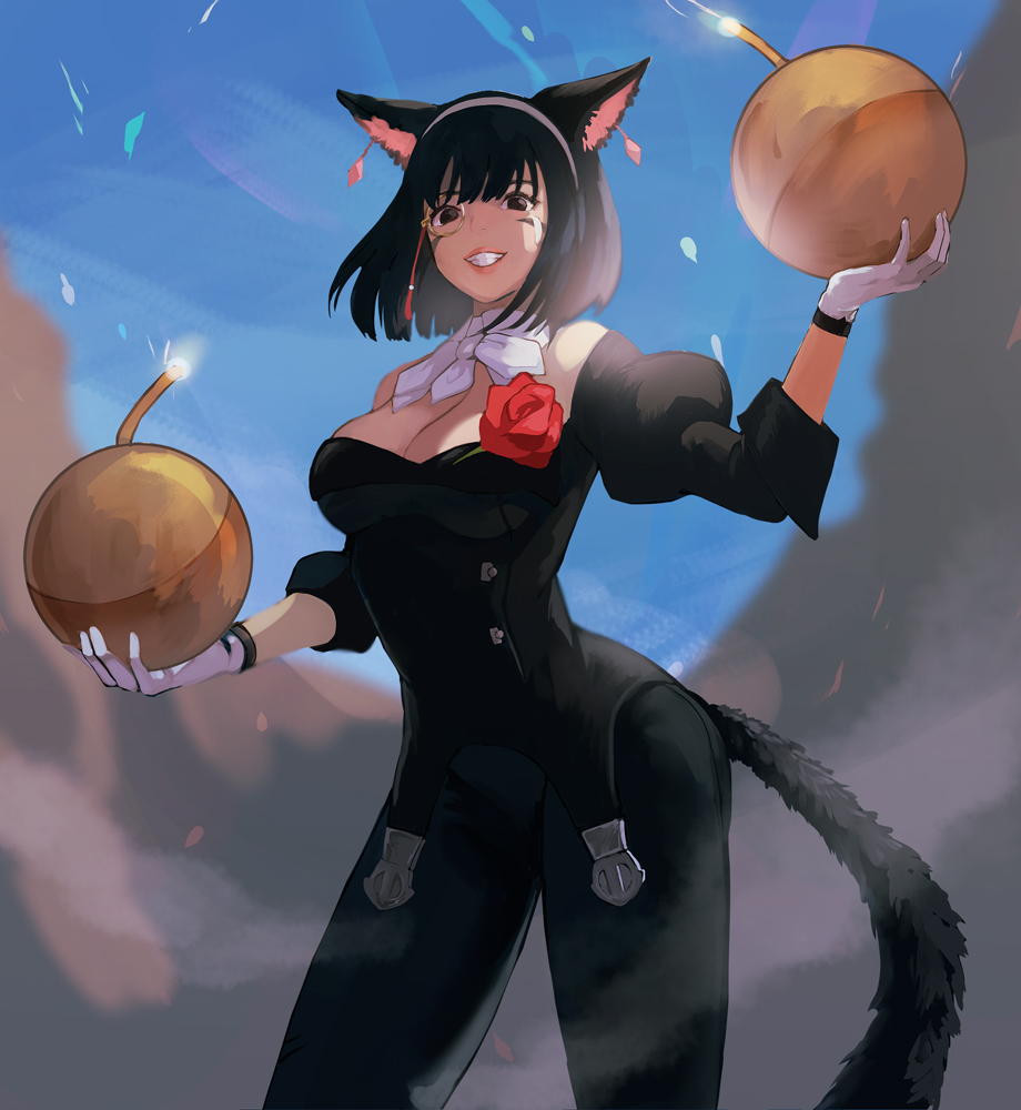 1girl, animal_ears, bare_shoulders, black_eyes, black_hair, black_tail, blue_sky, bomb