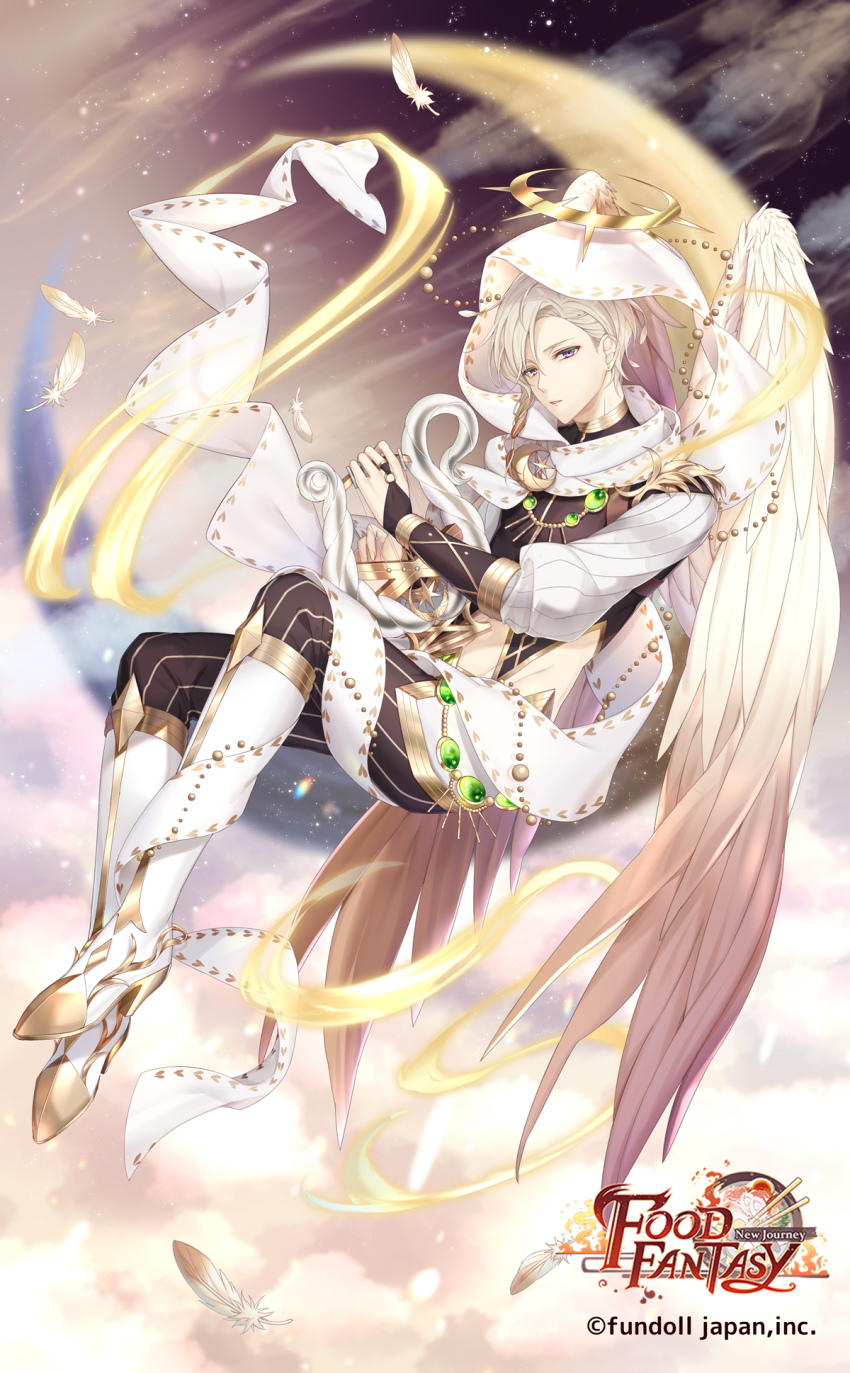 1boy, angel_wings, cocosuke, company_name, copyright_name, crescent, croissant_(food_fantasy), feathered_wings