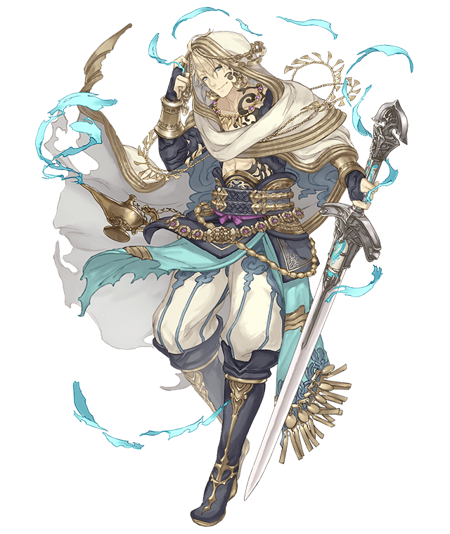 1boy, abs, aladdin_(sinoalice), blonde_hair, blue_eyes, boots, bridal_gauntlets, cloak