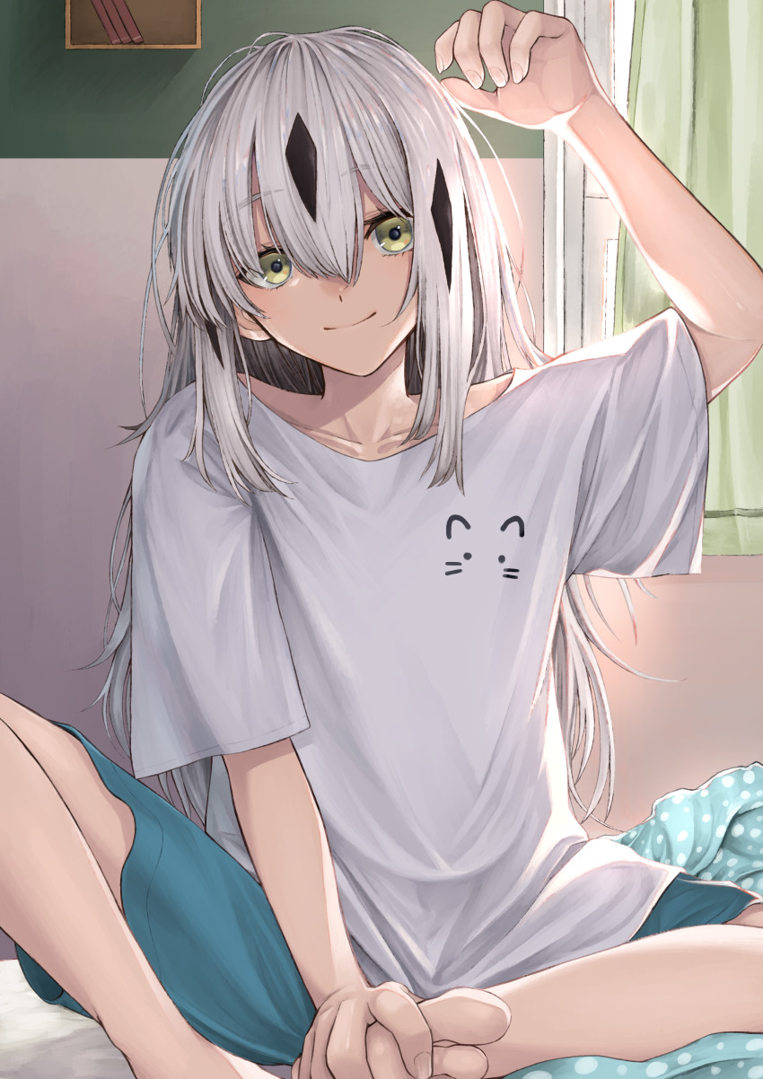 1girl, absurdres, arm_up, backlighting, barefoot, bedroom, casual, closed_mouth