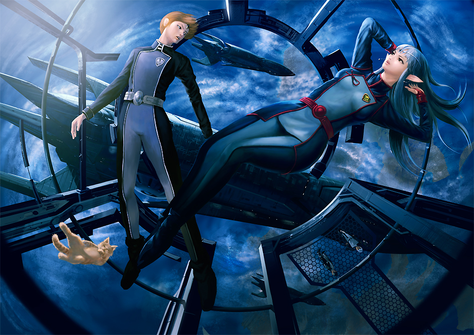 1boy, 1girl, :o, adjusting_hair, belt, blue_hair, bodysuit, boots, bridal_gauntlets, brown_hair, cat, circlet, diaho, floating, jinto, lafiel, lips, long_hair, mecha, military, military_uniform, noba, open_mouth, planet, pointy_ears, realistic, reclining, robot, science_fiction, seikai_no_senki, short_hair, space, spacecraft, spacecraft_interior, spacesuit, turtleneck, very_long_hair, zero_gravity