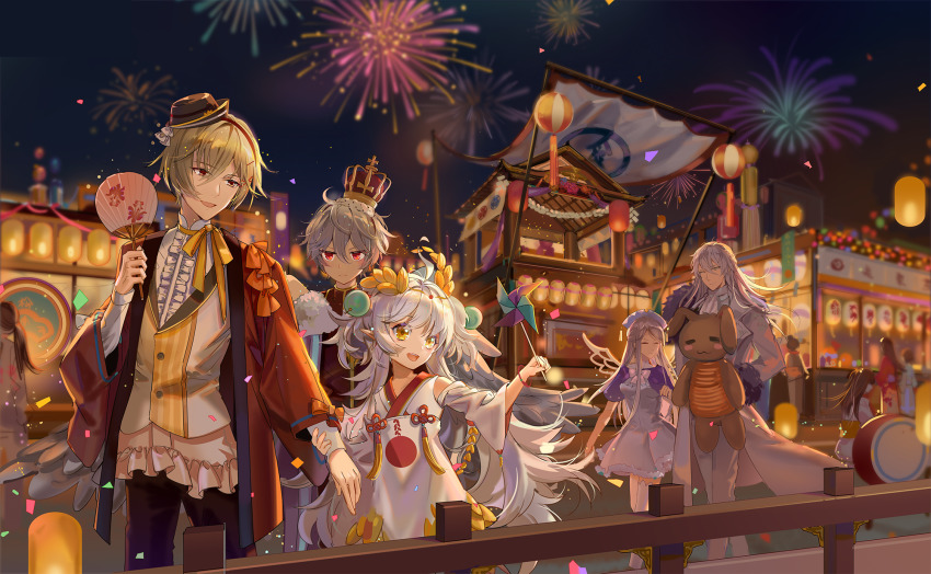 2girls, 3boys, angel_wings, blonde_hair, bow, bowtie, capelet, champagne_(food_fantasy), detached_sleeves, dress, eggnog_(food_fantasy), festival, fireworks, fondant_cake_(food_fantasy), food-themed_hair_ornament, food_fantasy, frilled_neckwear, grey_hair, hair_ornament, hat, highres, jacket, long_hair, multicolored_hair, multiple_boys, multiple_girls, night, official_art, pinwheel, red_eyes, rice_(food_fantasy), rice_hair_ornament, short_hair, sky, smile, tiara, turkey_(food_fantasy), twintails, white_hair, wings