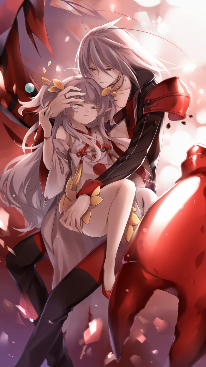 1boy, 1girl, antennae, boston_lobster_(food_fantasy), carrying, detached_sleeves, dress, closed_eyes