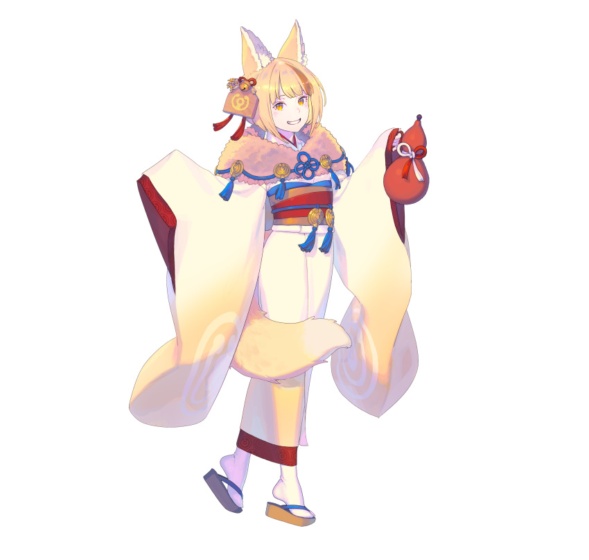 1girl, :d, absurdres, animal_ear_fluff, animal_ears, bell, blonde_hair, clog_sandals, enkyo_yuuichirou, female_focus, fire_emblem, fire_emblem_fates, fire_emblem_heroes, fox_ears, fox_girl, fox_tail, full_body, fur_trim, geta, gourd, grin, hair_bell, hair_ornament, hair_ribbon, head_tilt, highres, holding, japanese_clothes, jingle_bell, kimono, long_sleeves, looking_at_viewer, multicolored_hair, nintendo, obi, official_art, open_mouth, red_ribbon, ribbon, sandals, sash, selkie_(fire_emblem), selkie_(new_year)_(fire_emblem), short_hair, simple_background, sleeves_past_fingers, sleeves_past_wrists, smile, solo, standing, streaked_hair, tabi, tail, white_background, white_legwear, wide_sleeves, yellow_eyes, yellow_kimono, zouri