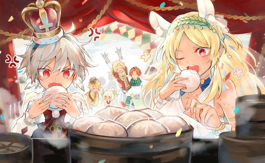 2girls, 4boys, anger_vein, animal_ears, blonde_hair, carrying, casatta_(food_fantasy), detached_sleeves, dress, dumpling, eating, eggnog_(food_fantasy), food, food-themed_hair_ornament, food_fantasy, grey_hair, hat, highres, long_hair, mouse_ears, multiple_boys, multiple_girls, official_art, pizza_(food_fantasy), red_eyes, red_hair, rice_(food_fantasy), rice_hair_ornament, scar, short_hair, smile, tiara, turkey_(food_fantasy), white_hair