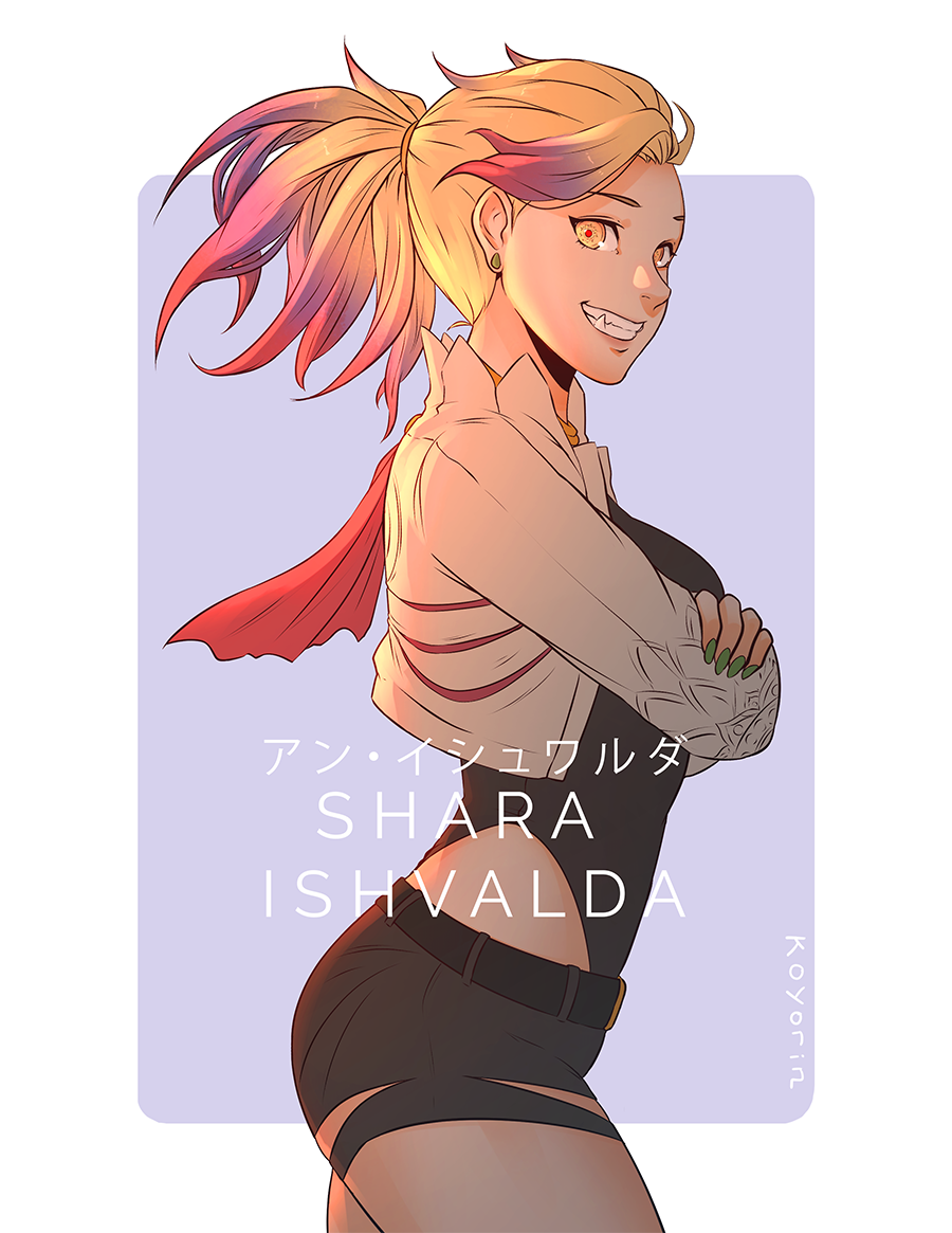 1girl, artist_name, belt, blonde_hair, character_name, cropped_jacket, crossed_arms, earrings