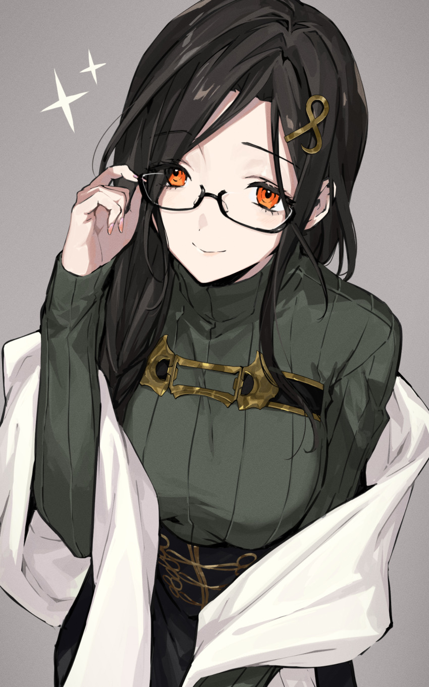 1girl, black-framed_eyewear, black_hair, blush, breasts, brown_hair, closed_mouth, female_focus