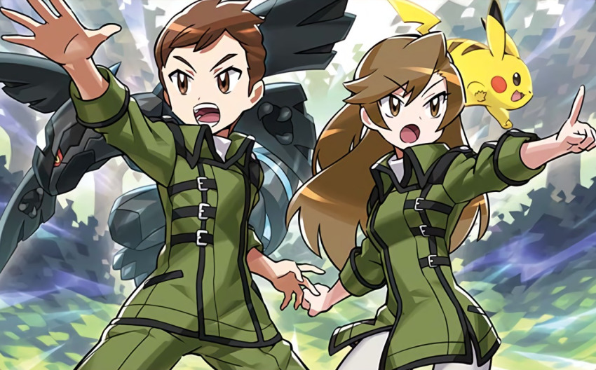 1boy, 1girl, :d, :o, asymmetrical_bangs, breasts, brown_eyes, brown_hair