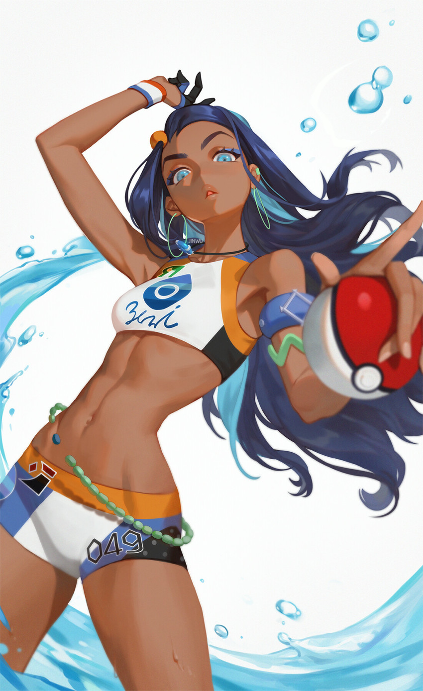 1girl, aqua_eyes, arm_up, armlet, artist_name, bare_shoulders, blue_hair, cowboy_shot