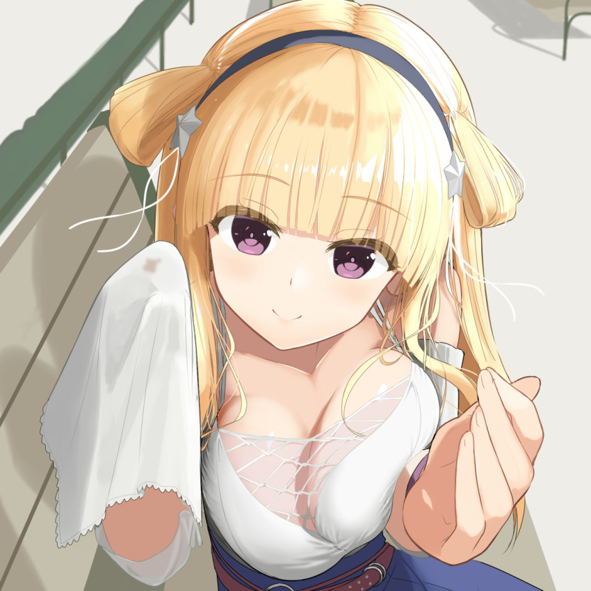 1girl, alternate_costume, blonde_hair, blouse, blue_skirt, breasts, double_bun, fletcher_(kancolle)