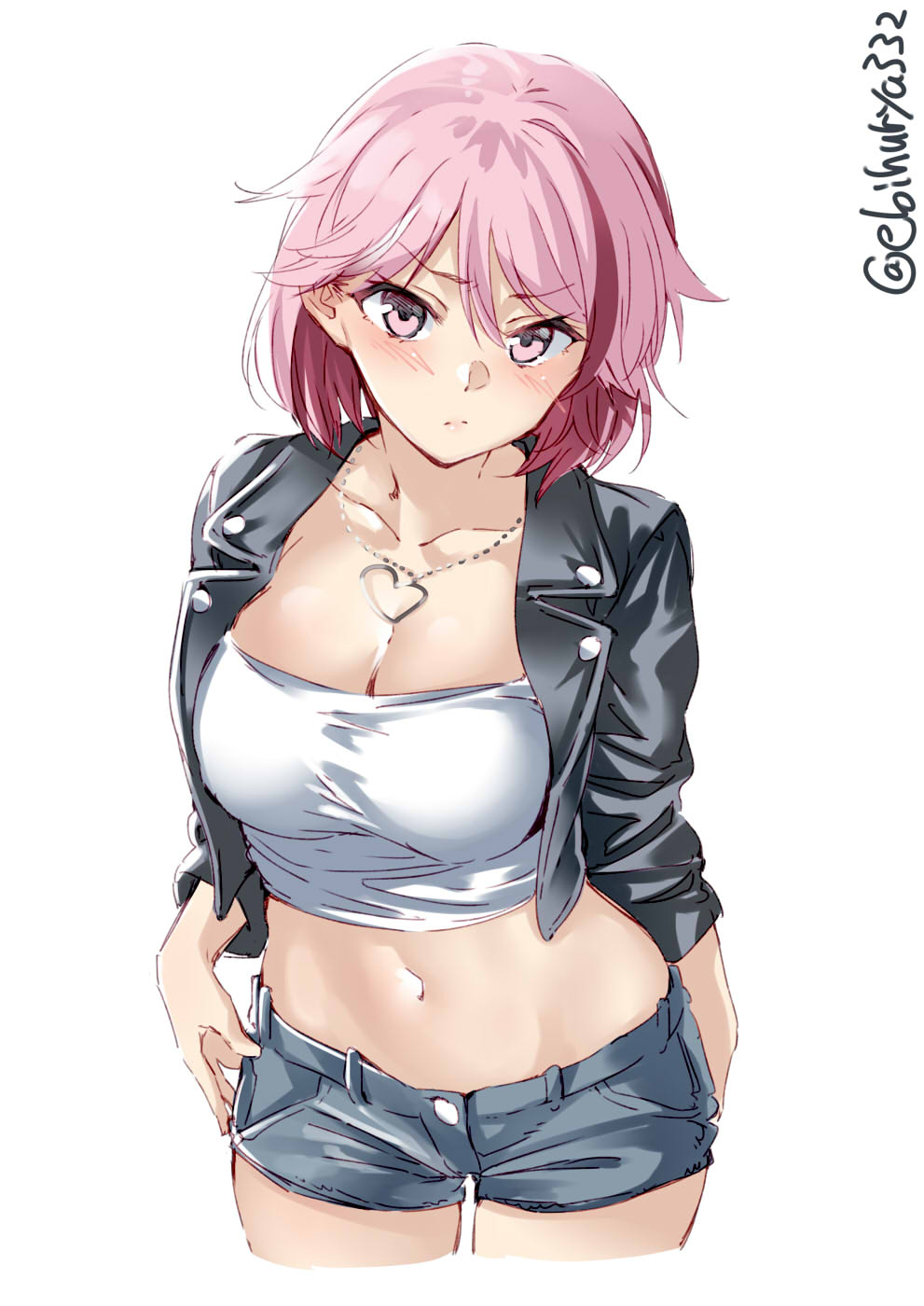 1girl, alternate_costume, black_jacket, blue_shorts, blush, breasts, cleavage, collarbone