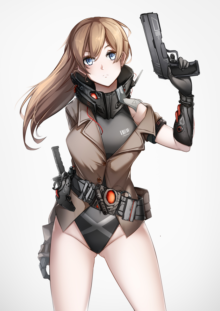 1girl, absurdres, blazer, blonde_hair, blue_eyes, female_focus, gloves, gun