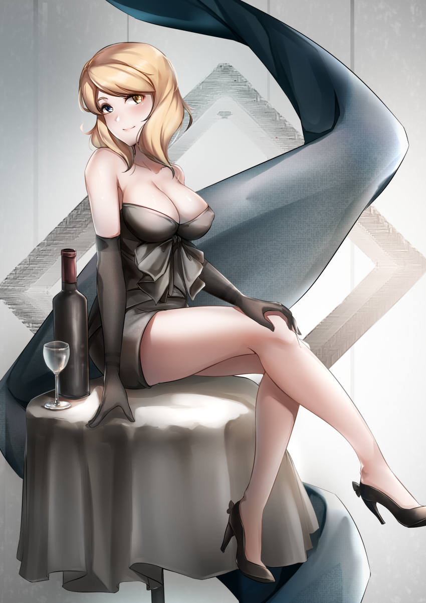 1girl, absurdres, alcohol, black_dress, black_gloves, black_shoes, blonde_hair, bottle