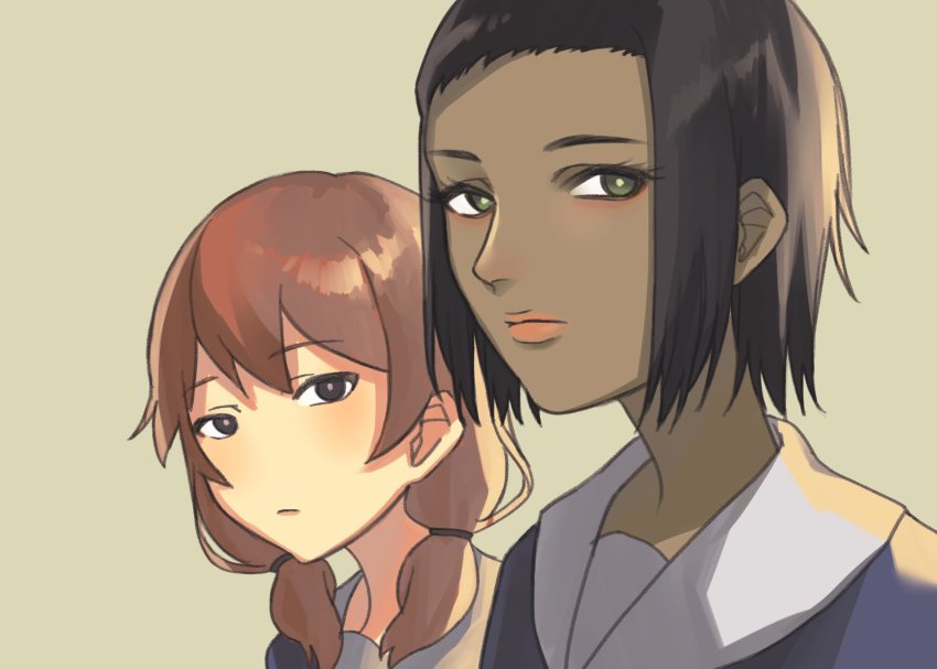 2girls, beige_background, black_eyes, black_hair, blazer, blush, brown_hair, dark-skinned_female