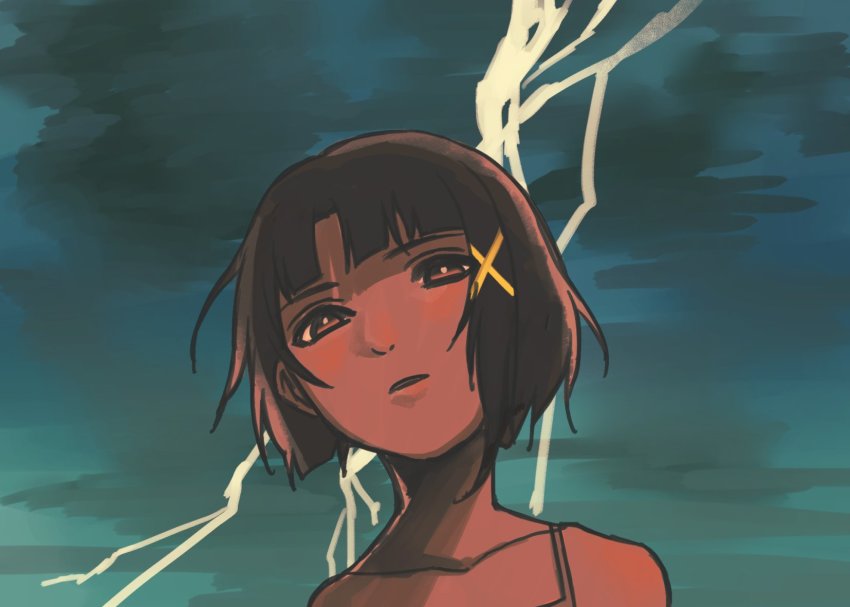 1girl, asymmetrical_hair, blush, brown_eyes, brown_hair, electricity, female_focus, hair_ornament, highres, iwakura_lain, lightning, looking_at_viewer, mashiro_(snznoz), outdoors, serial_experiments_lain, short_hair, solo, x_hair_ornament