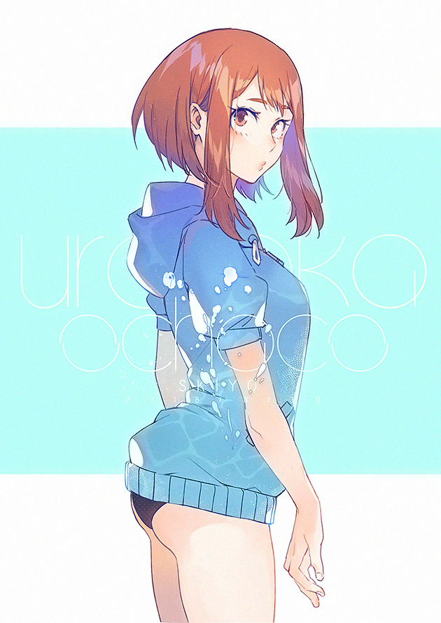 1girl, ass, bikini, bikini_bottom_only, black_bikini, blue_background, boku_no_hero_academia, brown_eyes