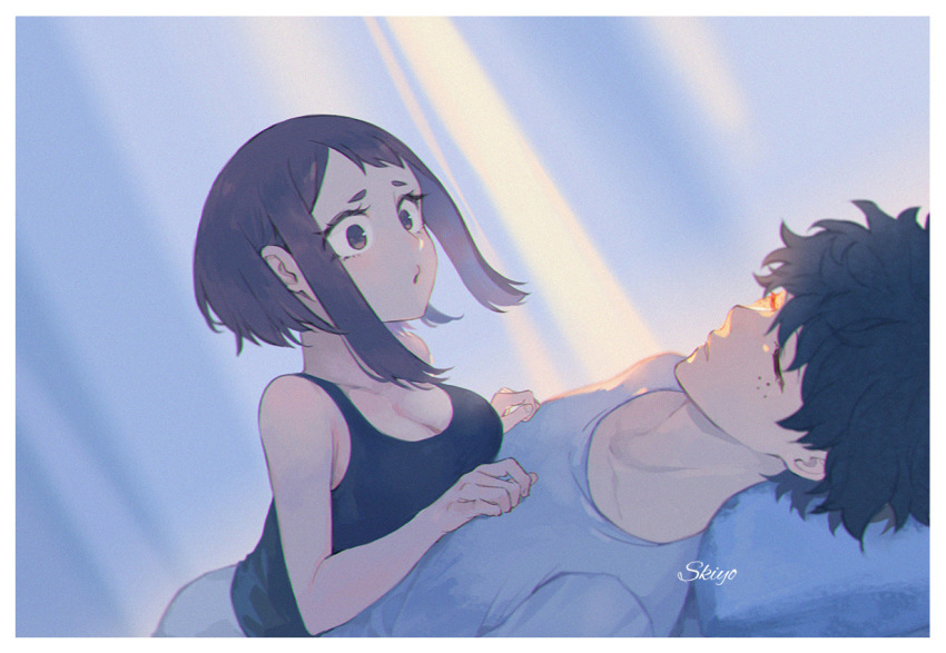 1boy, 1girl, artist_name, bad_id, bad_pixiv_id, black_hair, black_shirt, boku_no_hero_academia, breast_press, breasts, brown_eyes, brown_hair, cleavage, collarbone, couple, freckles, girl_on_top, green_hair, grey_shirt, hetero, kistina, looking_at_another, lying, matching_hair/eyes, medium_breasts, midoriya_izuku, on_back, on_stomach, parted_lips, shirt, short_hair_with_long_locks, sidelocks, sleeping, sleeveless, sleeveless_shirt, tank_top, uraraka_ochako