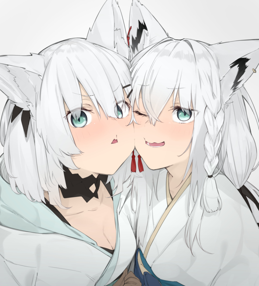 2girls, alternate_costume, animal_ear_fluff, animal_ears, aqua_eyes, ars_almal, ars_almal_(2nd_costume), braid, breasts, cheek-to-cheek, cleavage, collarbone, crossover, fox_ears, grey_background, hair_between_eyes, hair_ornament, hairclip, heads_together, highres, hololive, japanese_clothes, kimono, look-alike, looking_at_viewer, medium_breasts, multiple_girls, nijisanji, one_eye_closed, portrait, rubbing, shirakami_fubuki, shirakami_fubuki_(new_year), side_braid, silver_hair, simple_background, single_braid, smile, uno_ryoku, upper_body, virtual_youtuber