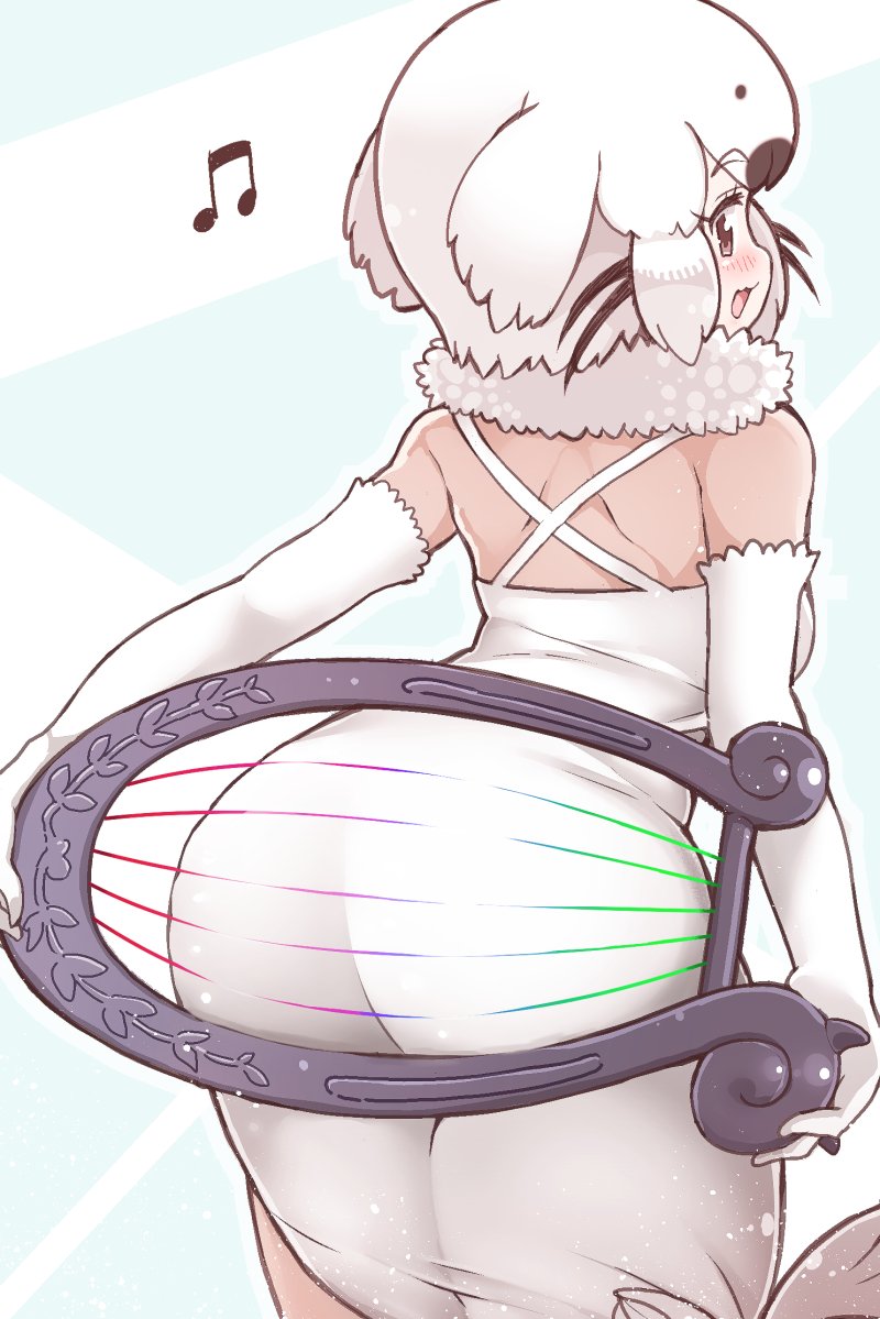 1girl, ass, ass_press, bare_shoulders, blush, brown_eyes, commentary_request, dress, elbow_gloves, female_focus, from_behind, fur_collar, gloves, harp, harp_seal_(kemono_friends), instrument, kemono_friends, leaning_forward, looking_back, musical_note, short_hair, shoulder_blades, solo, tanaka_kusao, white_dress, white_gloves, white_hair