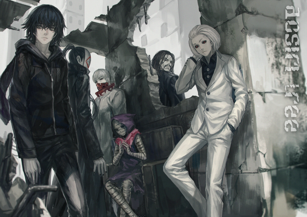 1girl, 5boys, animal_hood, bandages, black_coat, black_eyes, black_hair, black_sclera