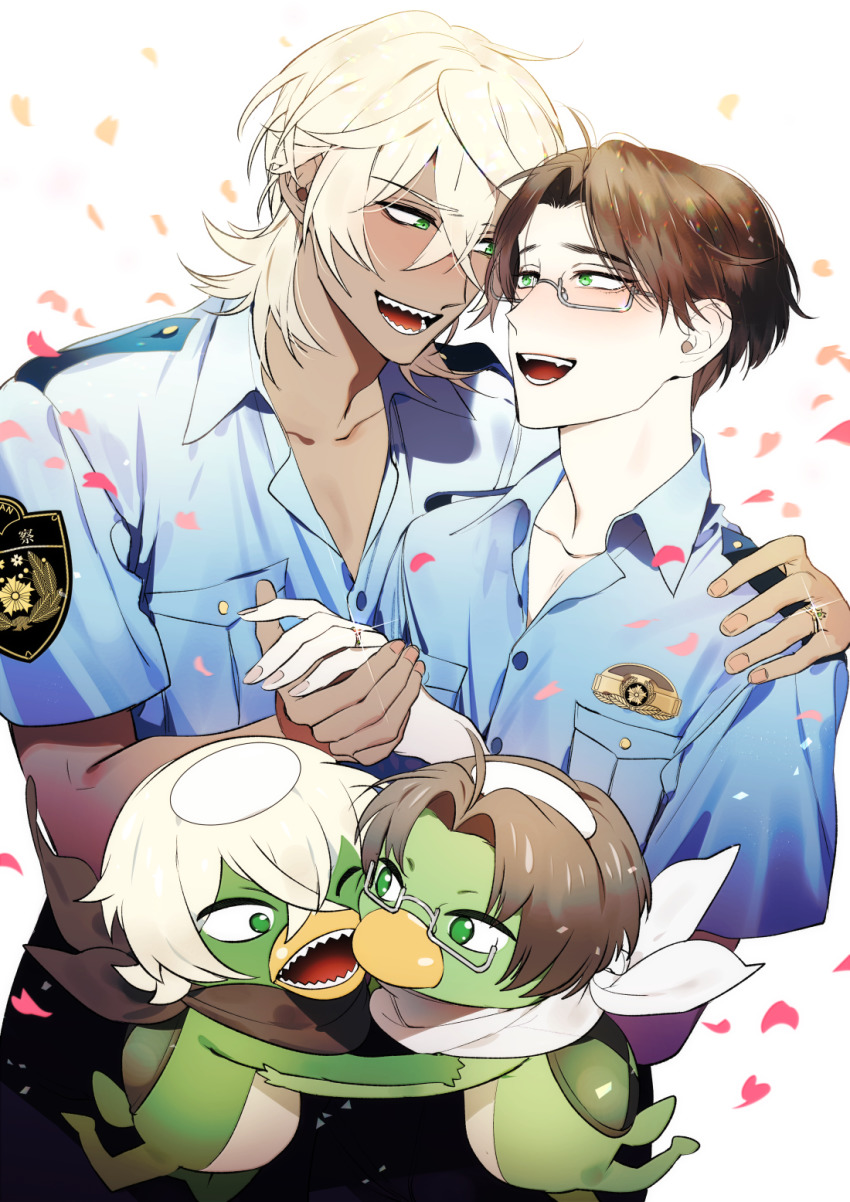 2boys, akutsu_mabu, bad_id, bad_pixiv_id, blonde_hair, brown_hair, collared_shirt, dark-skinned_male, dark_skin, dual_persona, glasses, green_eyes, hand_on_another's_shoulder, highres, holding_hands, hug, jewelry, kappa, male_focus, multiple_boys, niiboshi_reo, one_eye_closed, open_mouth, petals, police, police_uniform, ring, sarazanmai, sharp_teeth, shirt, smile, teeth, wadani_hitonori, yaoi